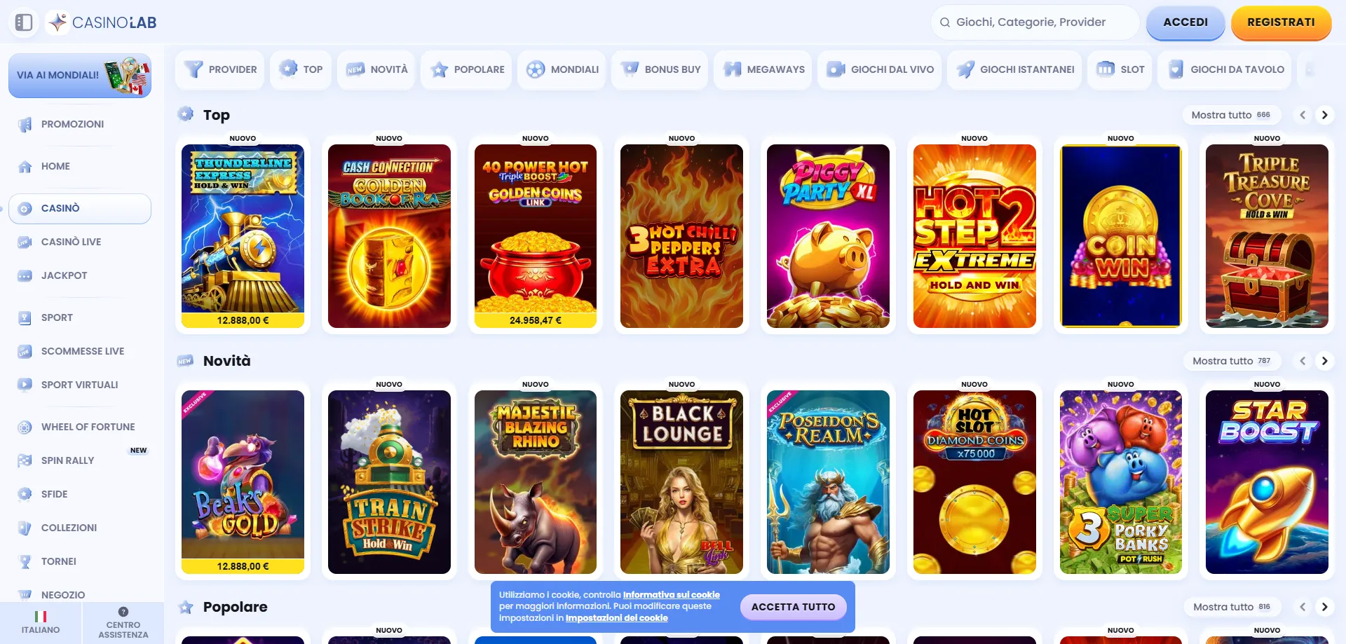 Catalogo giochi Casinolab Casino – slot, tavoli e live dealer